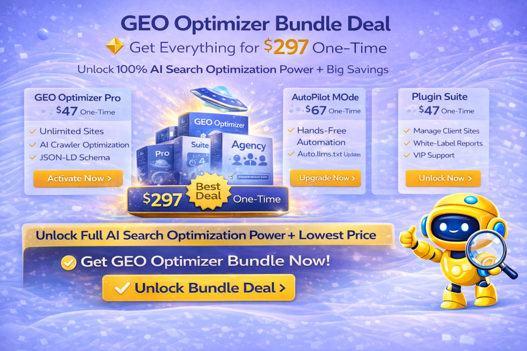 GEO Optimizer bundle deal showing $297 one time offer including Pro AutoPilot Plugin Suite and Agency license for AI search optimization
