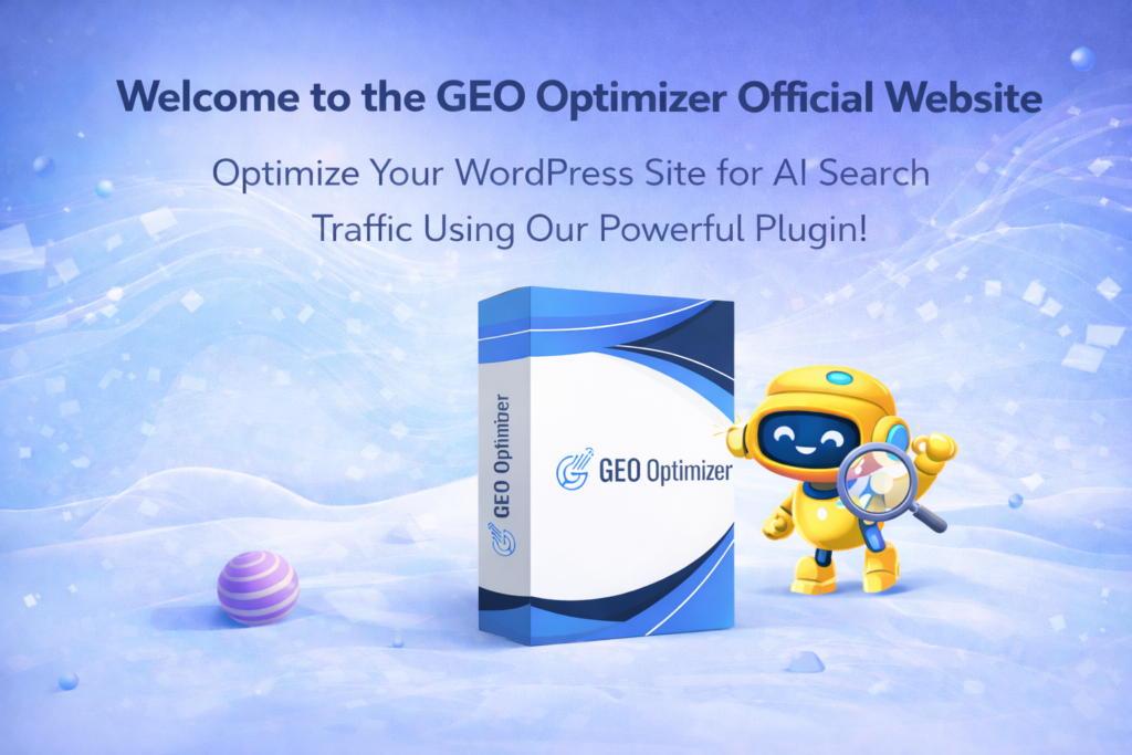 GEO Optimizer official website banner showing AI search optimization WordPress plugin with product box and interface