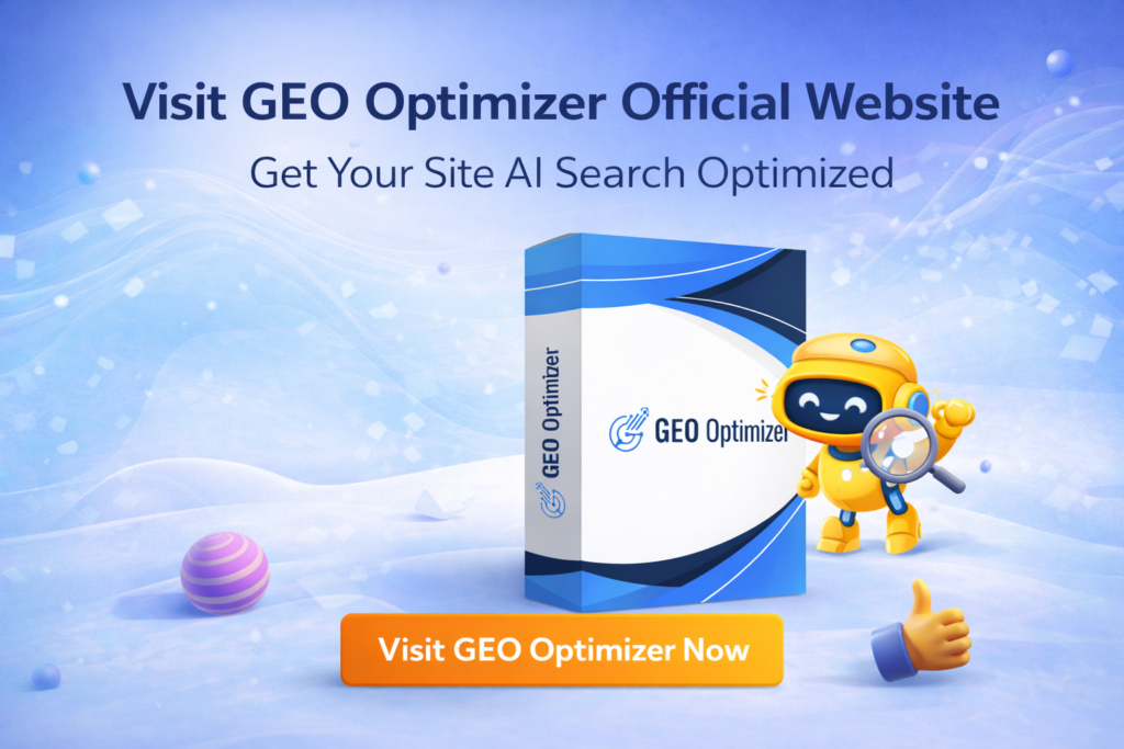 Visit GEO Optimizer official website call to action showing AI search optimization WordPress plugin with CTA button