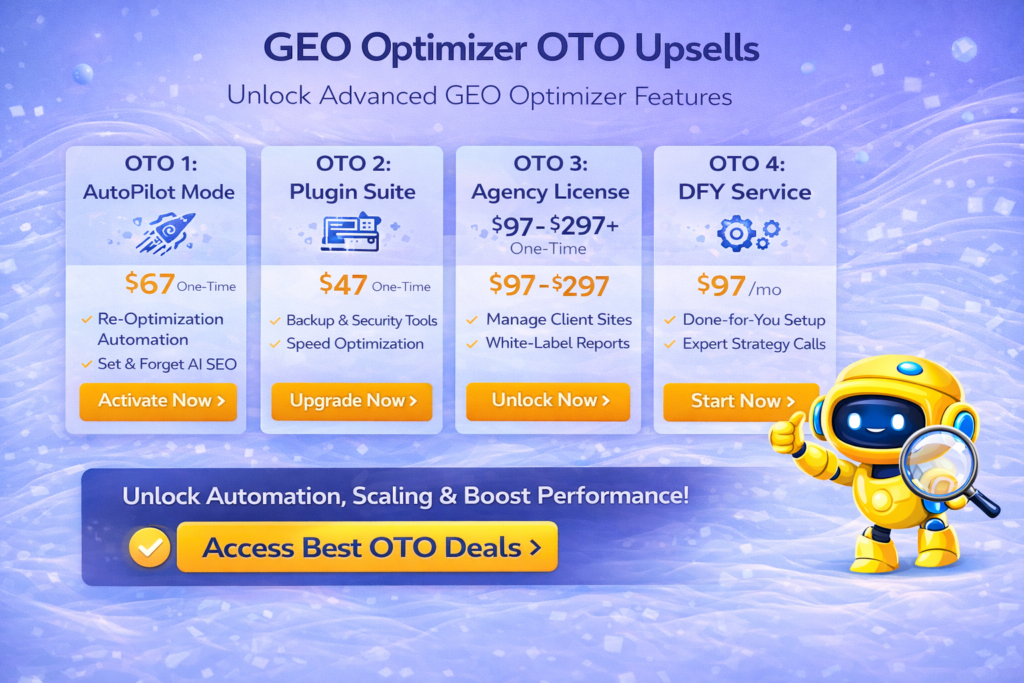 GEO Optimizer OTO upsells showing AutoPilot Mode Plugin Suite Agency License and DFY service pricing and features