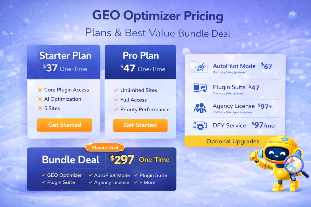 GEO Optimizer pricing plans showing Starter Pro bundle deal and OTO upgrades for AI search optimization WordPress plugin